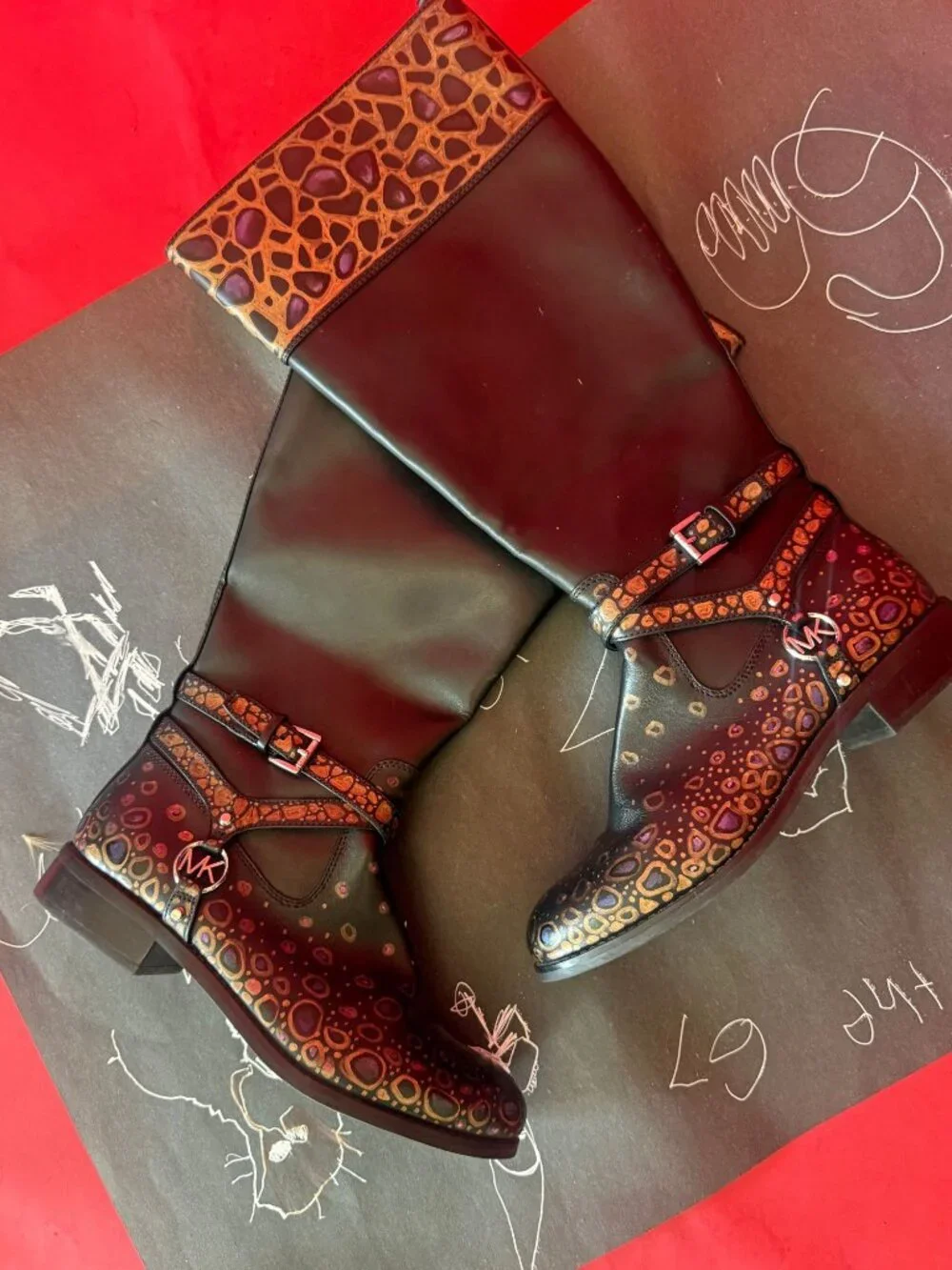 Hand Painted Leather Riding Boots | Gold Mosaic Knee High Boots, Unique